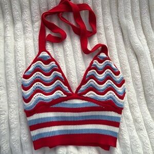Red and Blue Striped Halter Top